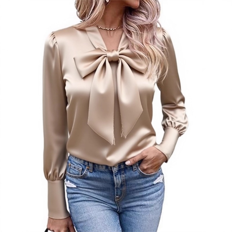 Satin Bow Tie - Kadın Düz Saten Bluz Fiyonklu V