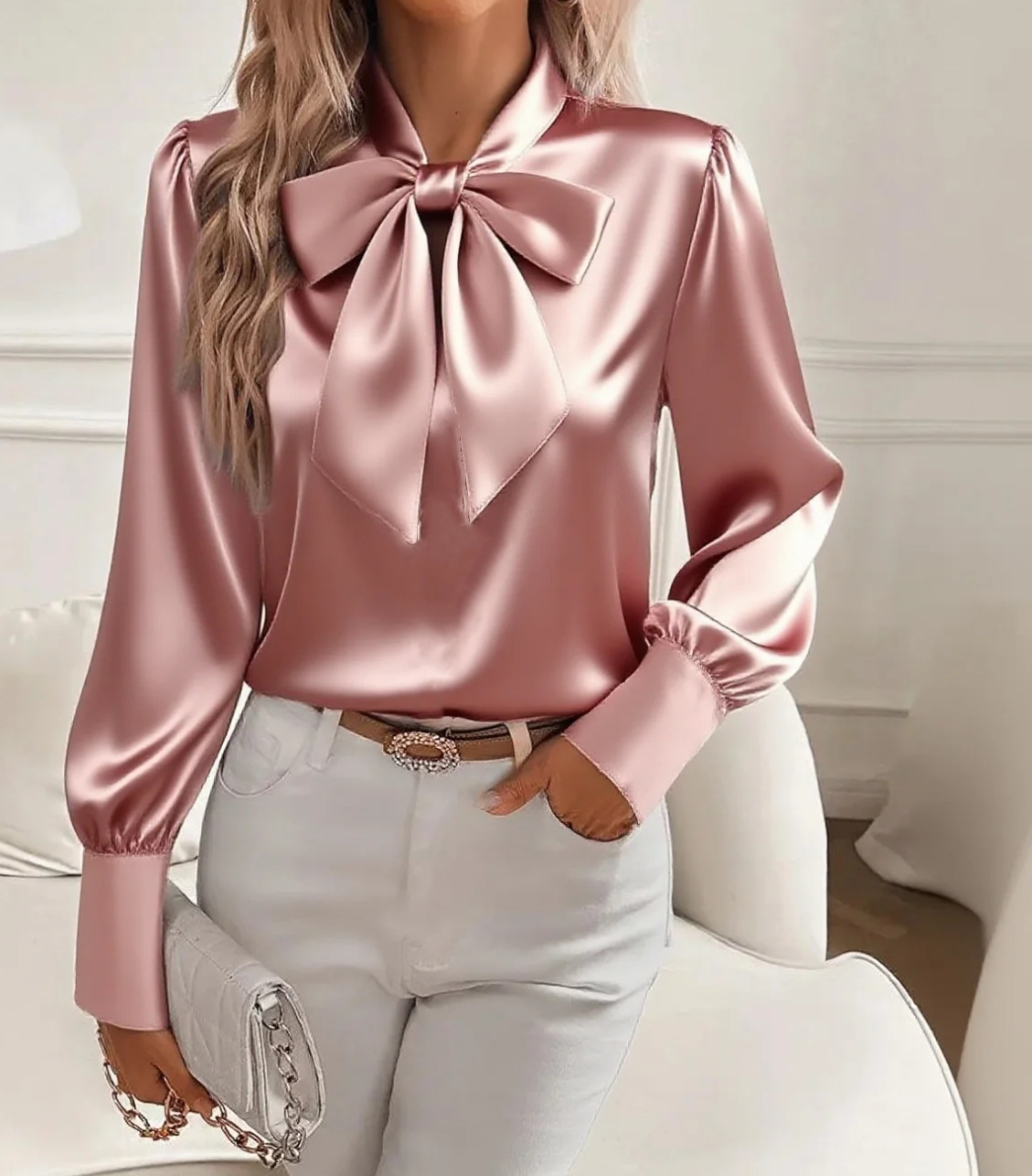 Fiyonklu Yaka Saten Bluz, Uzun - Satin Bow Tie incelemesi ve fiyatı